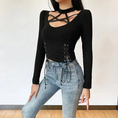 Grunge Hollow Out Long Sleeve Top for Aesthetic Fashion