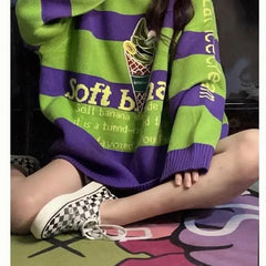 Grunge Oversize Striped Knitted Sweater for Women