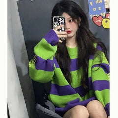 Grunge Oversize Striped Knitted Sweater for Women