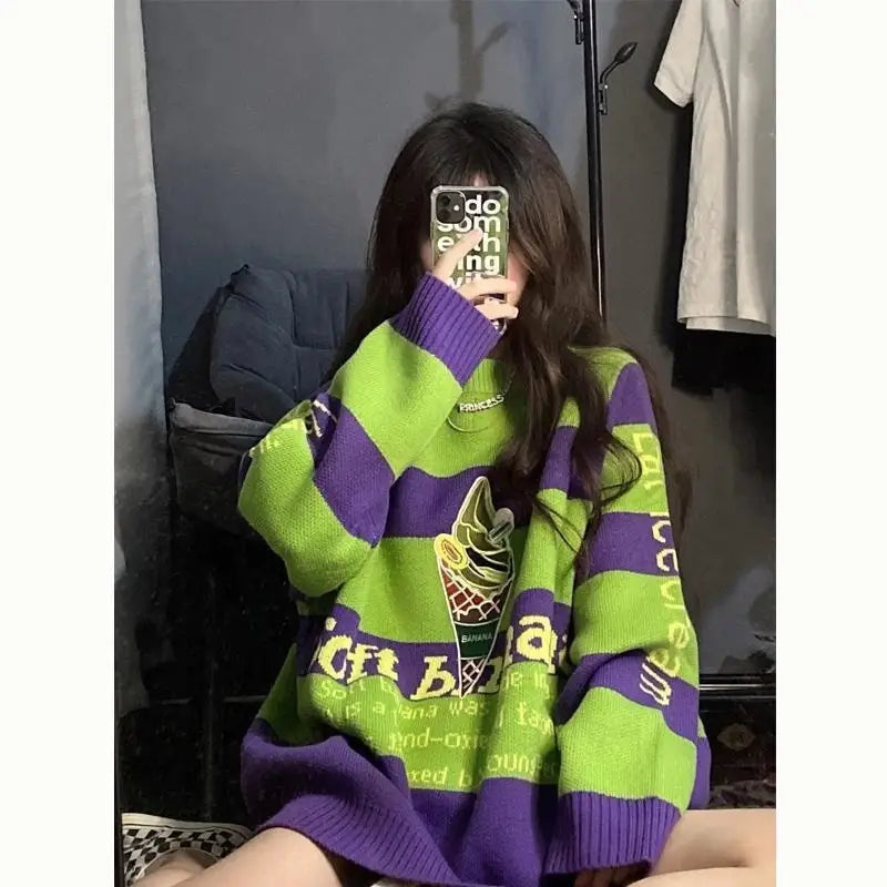 Grunge Oversize Striped Knitted Sweater for Women Green / S