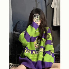 Grunge Oversize Striped Knitted Sweater for Women Green / S
