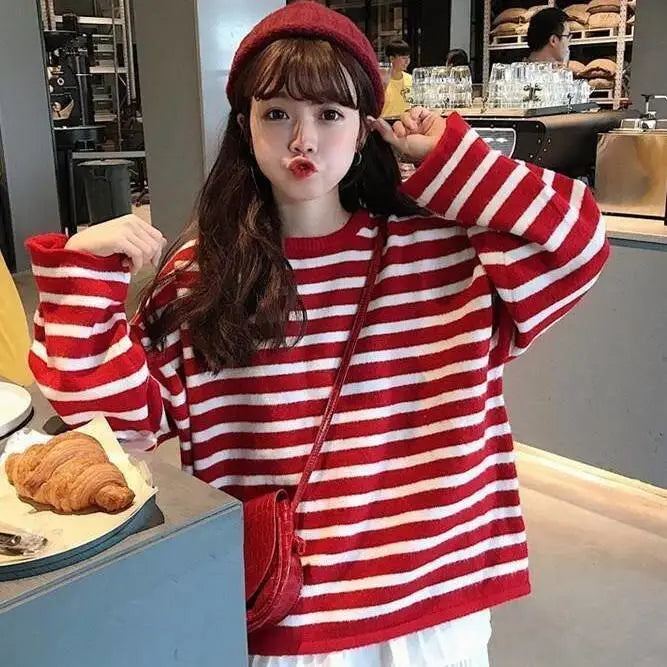 Grunge Oversize Striped Knitted Sweater for Women Red