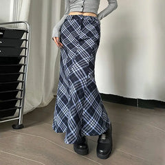 Gusty New Pure Desire Style Temperament Striped Grid Temperament Fishtail Skirt High Waist Slimming Versatile Patchwork Length Skirt