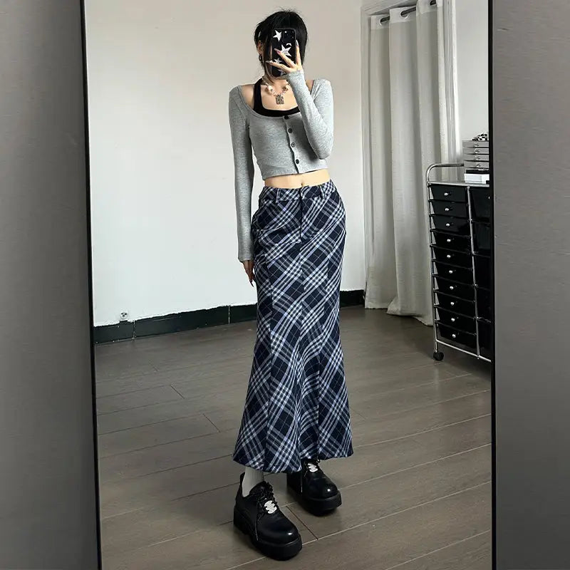 Gusty New Pure Desire Style Temperament Striped Grid Temperament Fishtail Skirt High Waist Slimming Versatile Patchwork Length Skirt