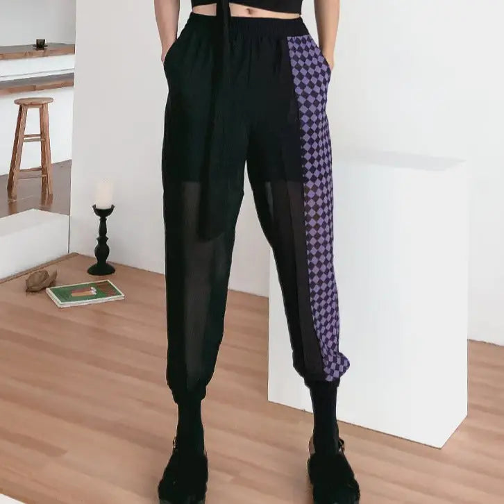 Half Black And Color Breathable Ankle-Tied Pants