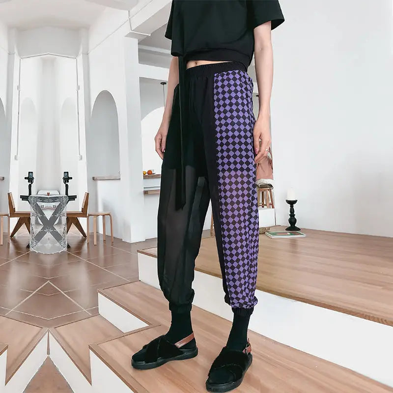 Half Black And Color Breathable Ankle-Tied Pants