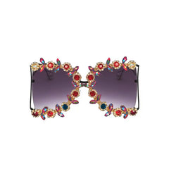 Half Frame Square Sunglasses Embellished with Flowers Crystals