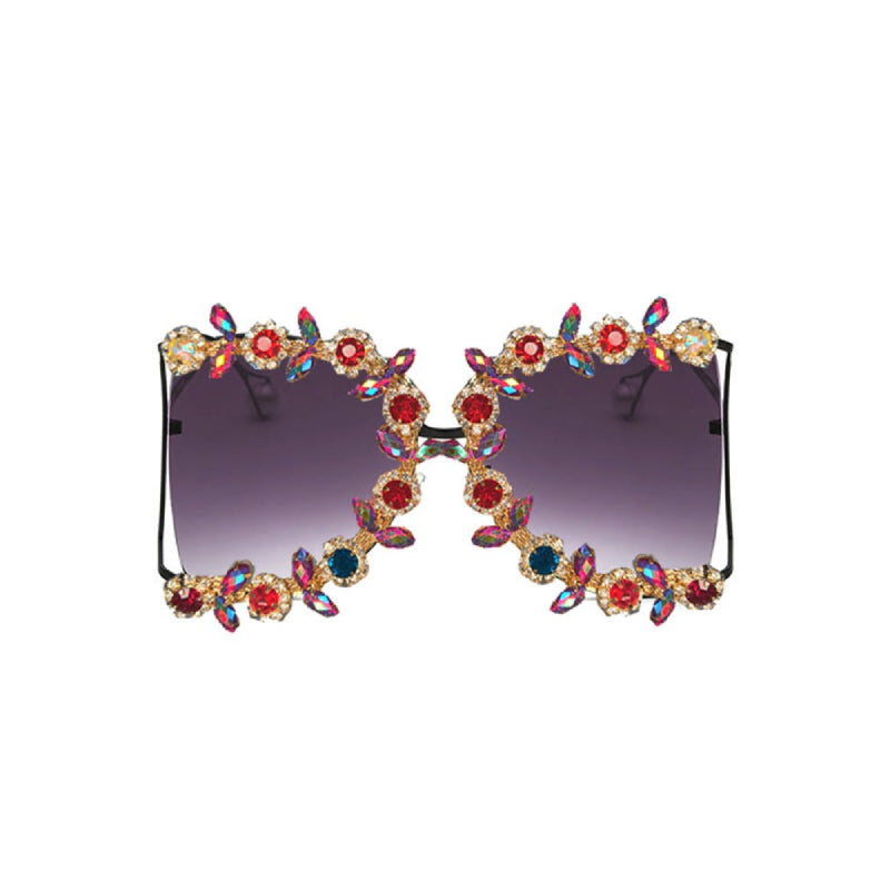 Half Frame Square Sunglasses Embellished with Flowers