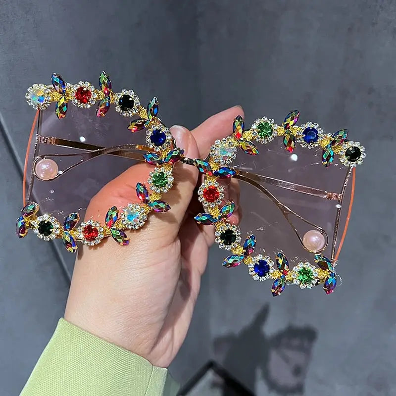 Half Frame Square Sunglasses Embellished with Flowers Crystals