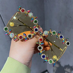 Half Frame Square Sunglasses Embellished with Flowers Crystals