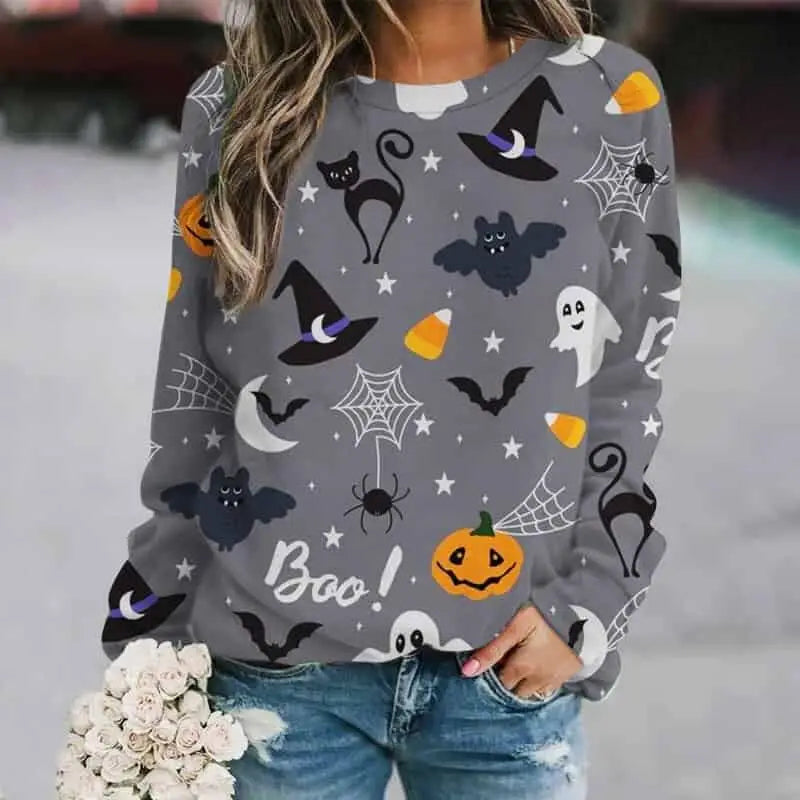 Halloween print round neck sweatshirt - Grey / S