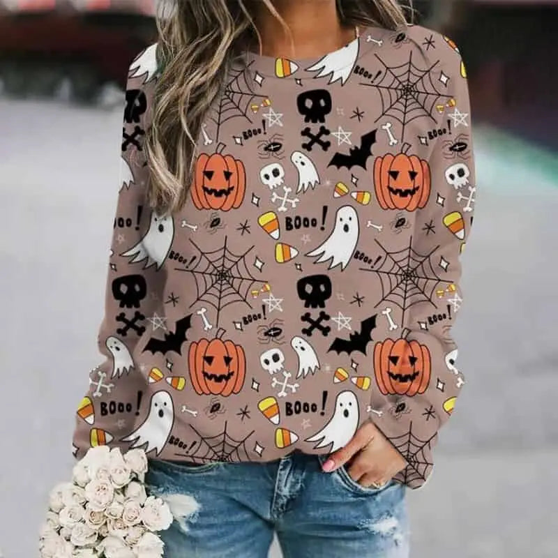 Halloween print round neck sweatshirt - Orange / S