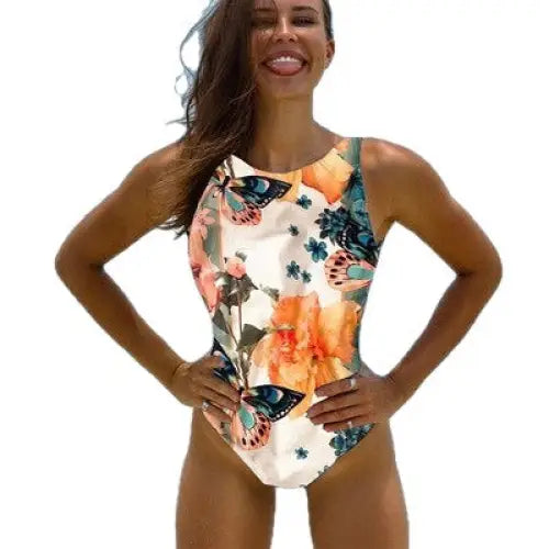 Halter Floral Print One Piece Fullcolor Swimsuit - White / S