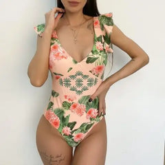 Halter Floral Print One Piece Swimsuit with Scalloped Trim