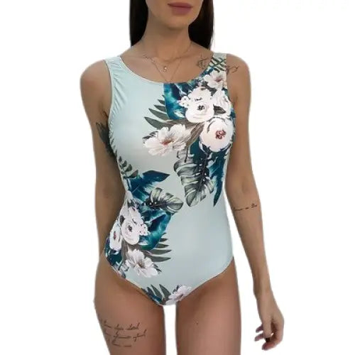 Halter Floral Print One Piece Swimsuit with Scalloped Trim