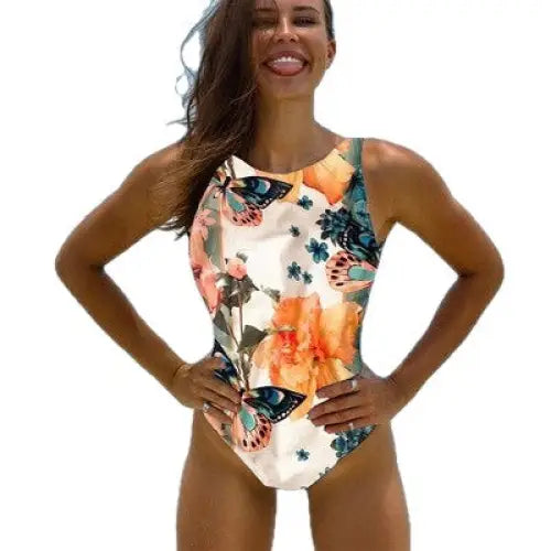Halter Floral Print One Piece Swimsuit with Scalloped Trim