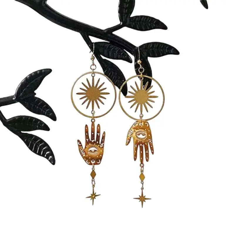 Hamsa Hand Sun And Star Palm Drop Earrings