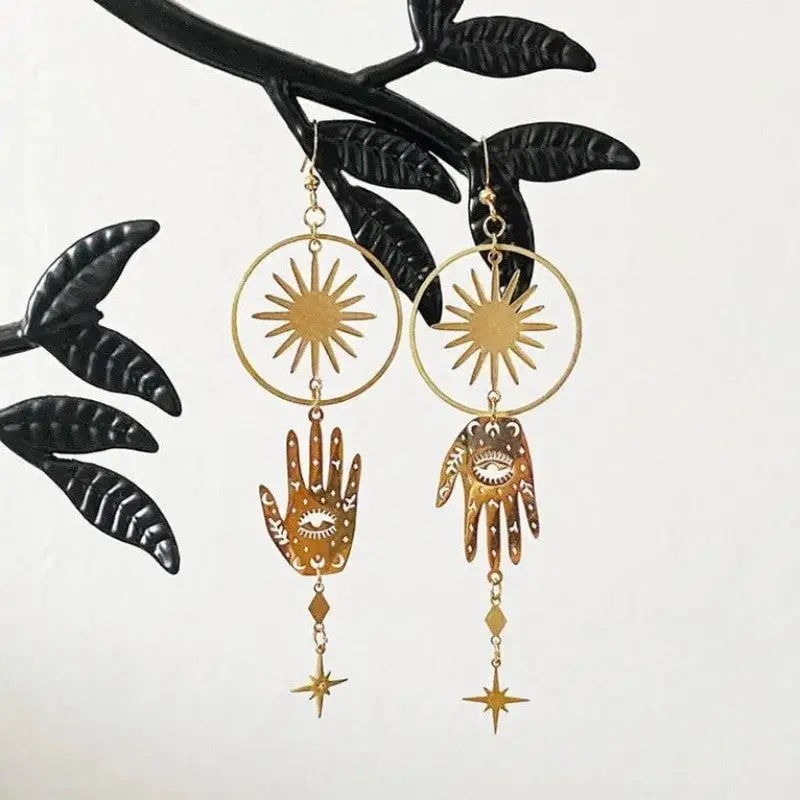 Hamsa Hand Sun And Star Palm Drop Earrings