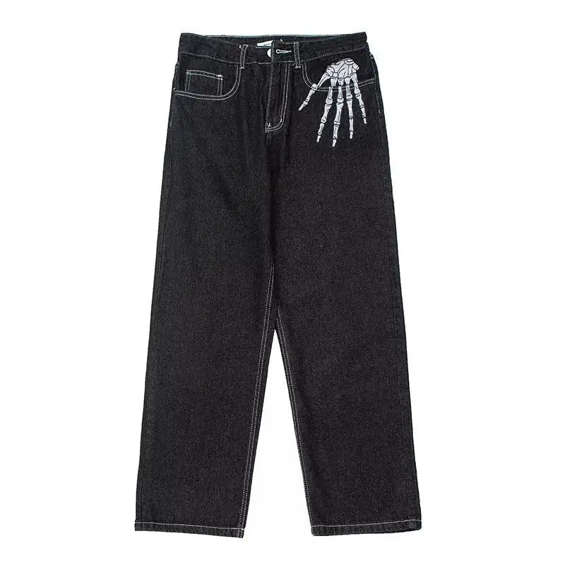 Hand Bone Embroidery Straight Jeans - Black / asian M