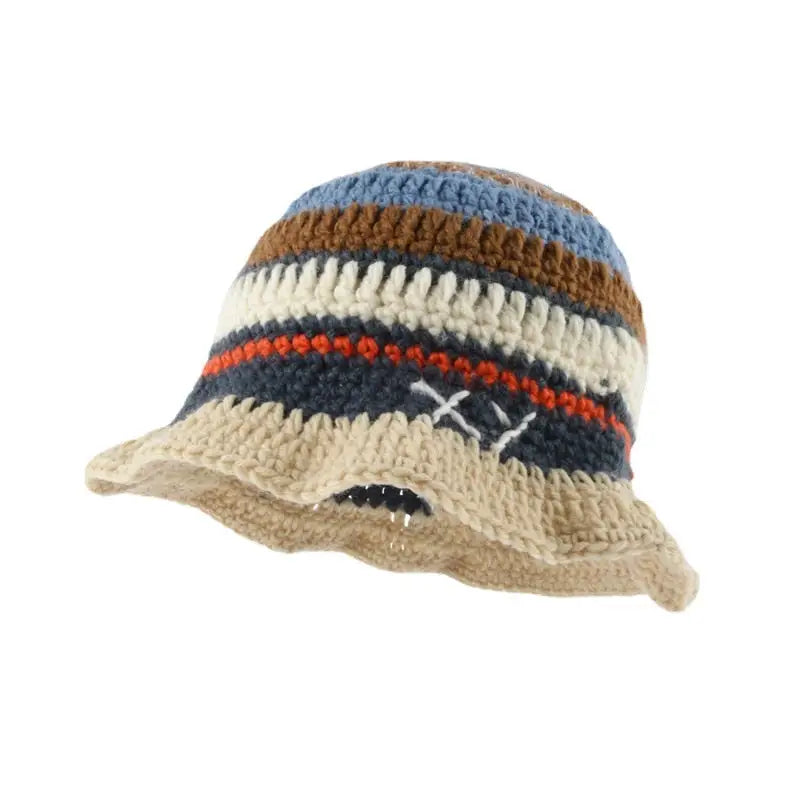 Handmade Crochet Striped Fisherman Bucket Hat Blue-White