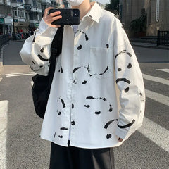 Happy Face Print Long Sleeve Oversized Shirts