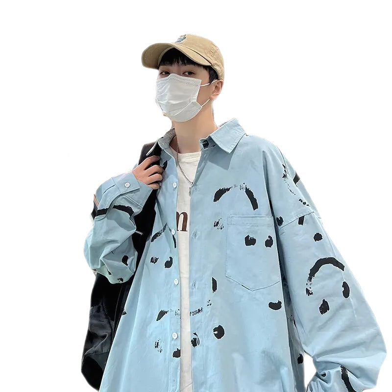 Happy Face Print Long Sleeve Oversized Shirts