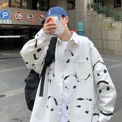 Happy Face Print Long Sleeve Oversized Shirts - White / M