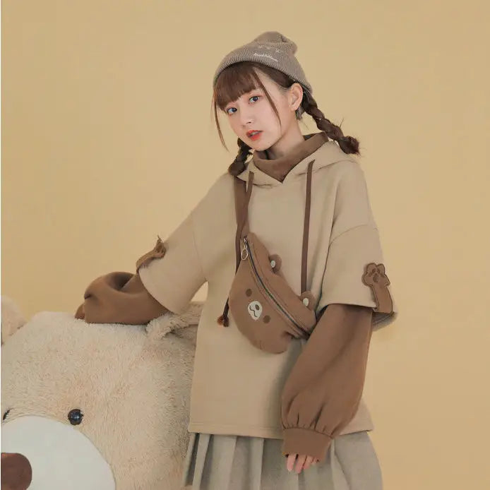 Harajuku Aesthetic Bear Hoodie And Bag - Hoodies