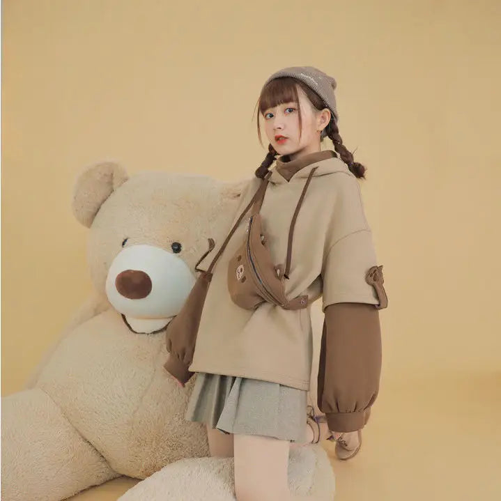 Harajuku Aesthetic Bear Hoodie And Bag - Hoodies