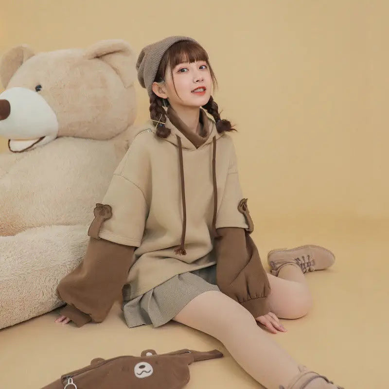 Harajuku Aesthetic Bear Hoodie And Bag - Hoodies