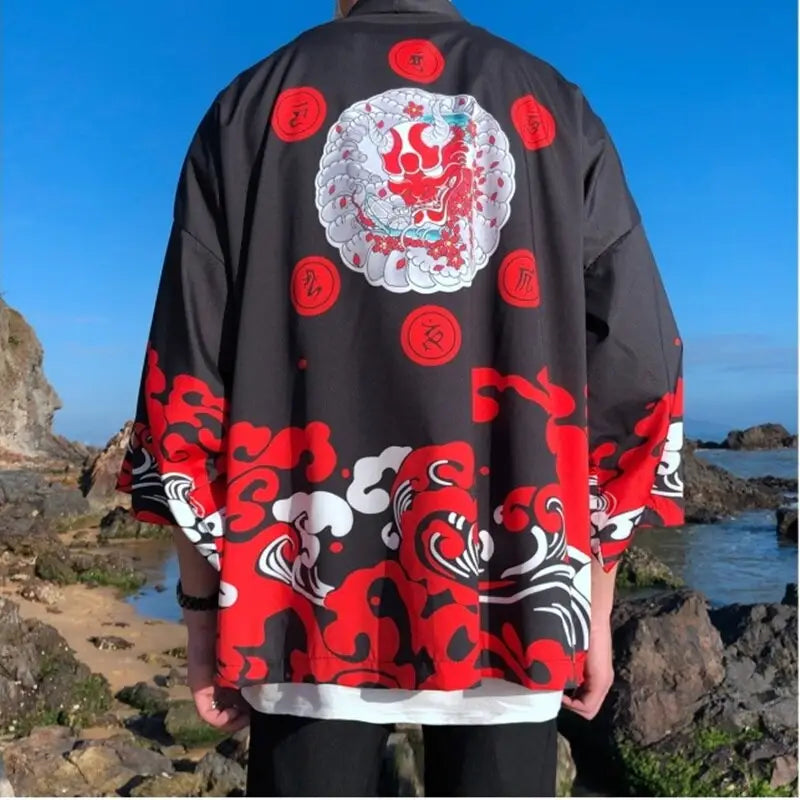Harajuku Aesthetic Japanese Kimono - Black Red / One Size