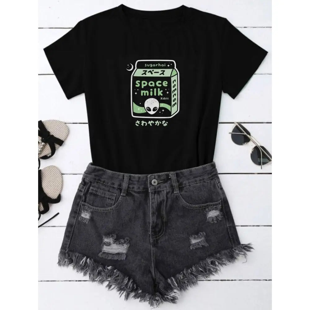 Harajuku Alien Space Milk Graphic T Shirt Black / S
