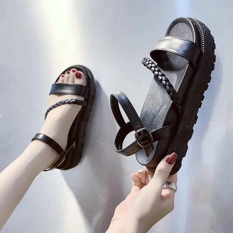 Harajuku Black Platform PU Leather Sandals Euro Size