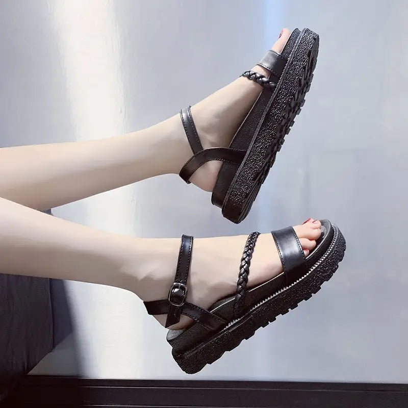 Harajuku Black Platform PU Leather Sandals Euro Size