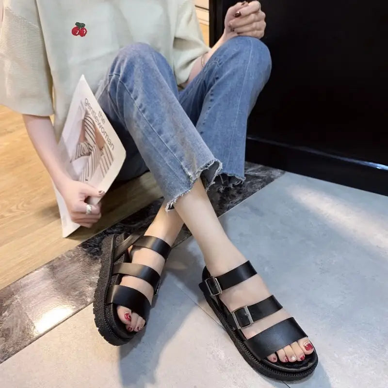 Harajuku Black Platform PU Leather Sandals Euro Size