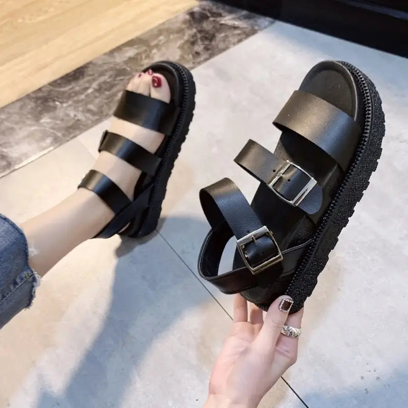 Harajuku Black Platform PU Leather Sandals Euro Size