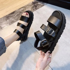 Harajuku Black Platform PU Leather Sandals Euro Size