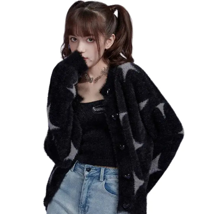 Harajuku Black Star Knitted Long Sleeve Cardigan