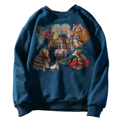 Harajuku Cat Print Sweatshirt for Casual Streetwear Navy / M