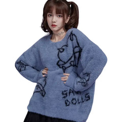 Harajuku Gothic Love Rivet Letter Knitted Sweater - Blue