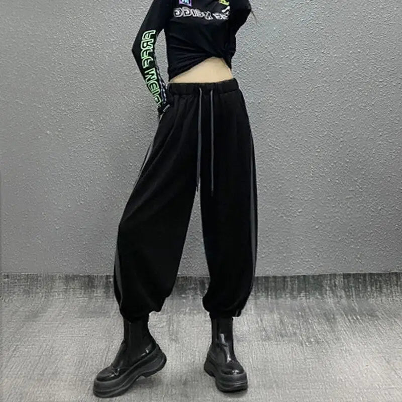 Harajuku High Waist Side Stripe Loose Harem Pants - Black