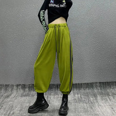 Harajuku High Waist Side Stripe Loose Harem Pants - Green