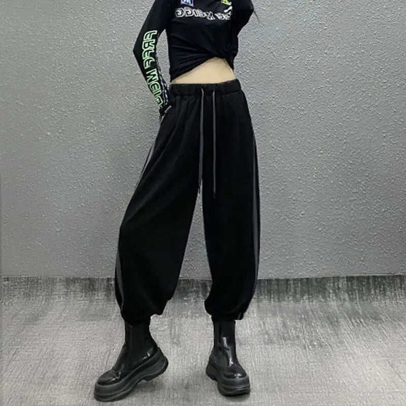 Harajuku High Waist Stripe Loose Harem Pants Black / M