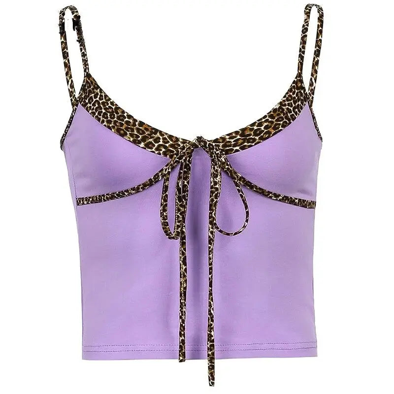 Harajuku Leopard Patchwork V Neck Crop Top - Purple / S