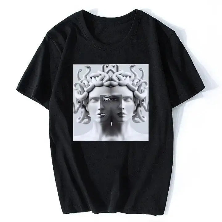 Harajuku Medusa Print T Shirt for Women Black Gray / XS
