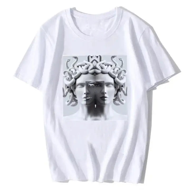 Harajuku Medusa Print T Shirt for Women White Gray / XS