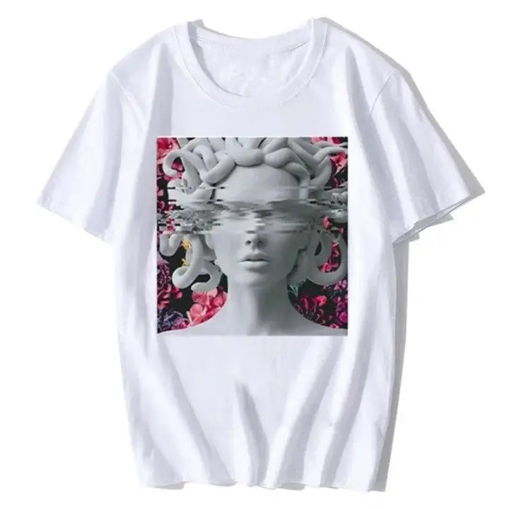 Harajuku Medusa Print T Shirt for Women White Pink / XS