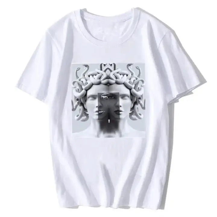 Harajuku Medusa Print T-Shirt - White Gray / XS