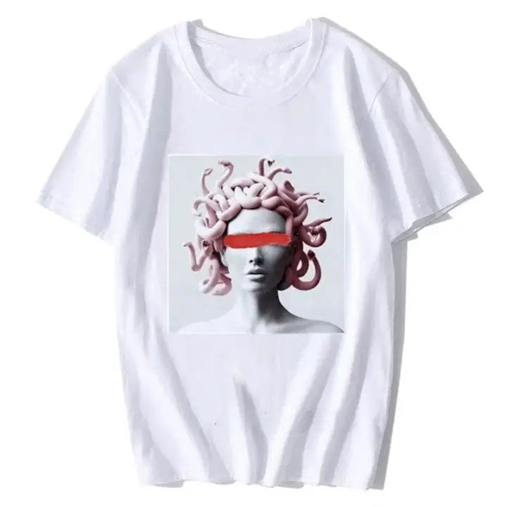 Harajuku Medusa Print T-Shirt - White Orange / XS