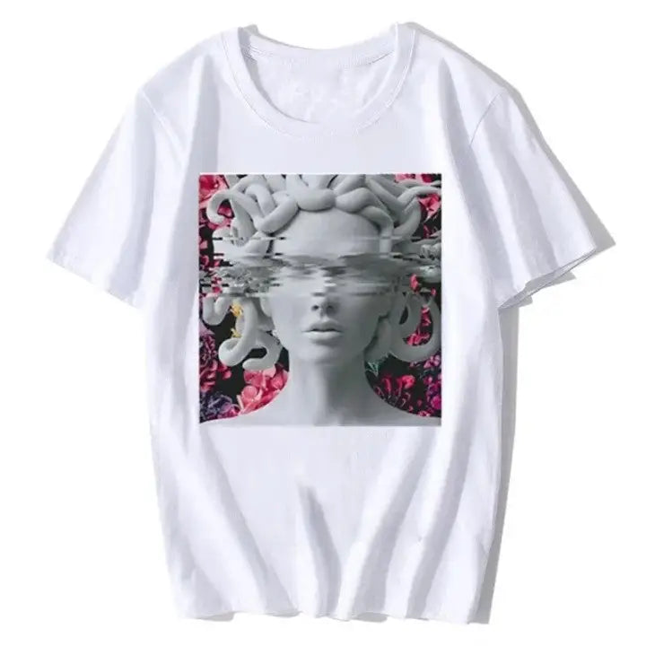 Harajuku Medusa Print T-Shirt - White Pink / XS